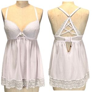 Blush pink babydoll sheer lace mesh nighty negligee lingerie teddy Daisy Fuentes